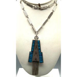 Vintage Whiting and Davis Bar Link Necklace with Southwestern Feel Geometric